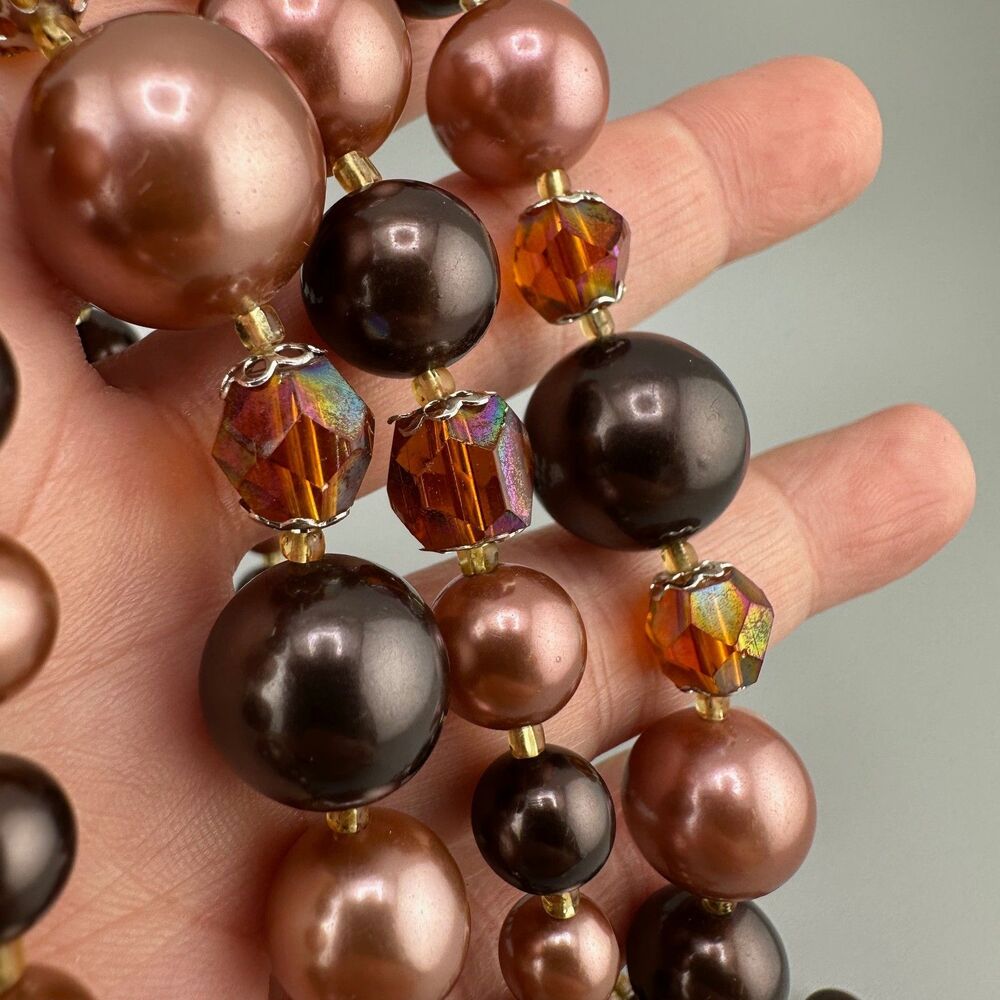Vintage Japan Faux Pearl Necklace Multi Strand Topaz Root Beer Color AB Beads - Picture 13 of 16